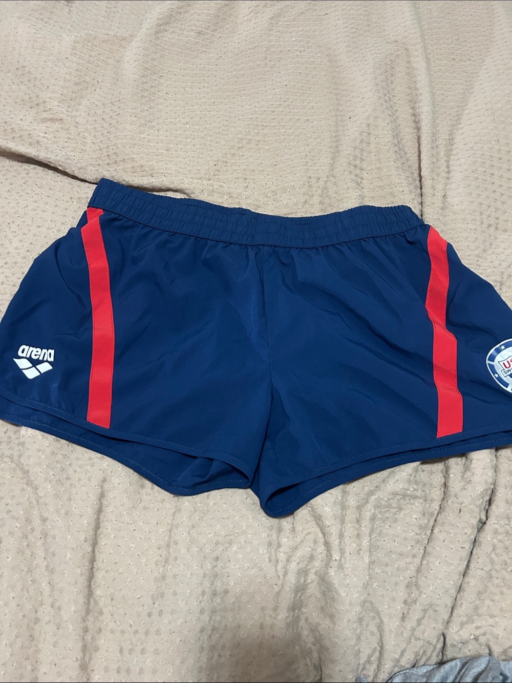 Arena Women's Navy Athletic Shorts with Red Stripes